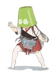 Rule 34 | 10s, 1girl, akagi (kancolle), bucket, bucket on head, japanese clothes, kantai collection, kodama (wa-ka-me), long hair, muneate, object on head, solo, standing, thighhighs, white background, white thighhighs