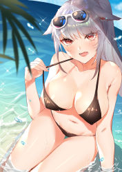 Rule 34 | 1girl, absurdres, animal ears, arm support, bare shoulders, bikini, black bikini, black panties, blush, breasts, cat ears, cat girl, cat tail, cleavage, collarbone, commentary request, day, eyelashes, facial mark, fangs, final fantasy, final fantasy xiv, fingernails, green hair, halterneck, hand up, heart, heart-shaped pupils, highres, large breasts, long fingernails, long hair, looking at viewer, miqo&#039;te, nail polish, navel, ocean, panties, partially submerged, pink nails, ponytail, red eyes, sidelocks, sitting, solo, stomach, swimsuit, symbol-shaped pupils, tail, underwear, warrior of light (ff14), whisker markings