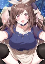Rule 34 | 1girl, beige skirt, black legwear, black panties, black shirt, blush, bow, breasts, brown eyes, brown hair, choker, cleavage, clothes lift, clothing aside, collarbone, hair bow, hairband, heart, heart-shaped pupils, highres, idolmaster, idolmaster shiny colors, jewel (the black canvas), jewelry, large breasts, long hair, looking at viewer, multiple views, open mouth, panties, panties aside, pendant, shirt, short sleeves, skirt, skirt lift, smile, sparkle, spread legs, swept bangs, symbol-shaped pupils, thighs, tsukioka kogane, underwear, white bow