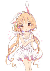 Rule 34 | 1girl, :o, animal ears, bare arms, bare shoulders, blush, brown eyes, caracorn, dress, floral background, flower, futaba anzu, hair flower, hair ornament, hair ribbon, idolmaster, idolmaster cinderella girls, kemonomimi mode, light brown hair, long hair, looking at viewer, low twintails, parted lips, rabbit ears, rabbit girl, rabbit tail, ribbon, sleeveless, sleeveless dress, solo, tail, twintails, very long hair, white background, white dress, white ribbon