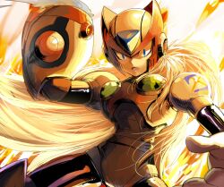 Rule 34 | 1boy, android, arm cannon, blonde hair, blue eyes, commentary request, helmet, long hair, looking at viewer, male focus, mega man (series), mega man x (series), open mouth, smoke, solo, weapon, yuriyuri (ccc), zero (mega man)
