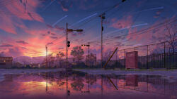 absurdres building cloud cloudy_sky evening highres hkcutie house mountain no_humans original power_lines puddle reflection reflective_water scenery shooting_star sky urban utility_pole water