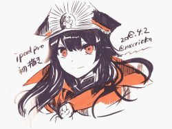 Rule 34 | 1girl, black hair, cape, closed mouth, commentary request, dated, fate (series), grey background, hat, highres, koha-ace, long hair, looking at viewer, oda nobunaga (fate), oda nobunaga (koha-ace), peaked cap, portrait, rioka (southern blue sky), signature, simple background, smile, solo, twitter username