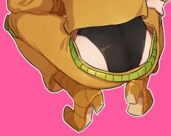 Rule 34 | 1boy, ass, ass focus, black leotard, bracelet, dio brando, from behind, honlo, jacket, jewelry, jojo no kimyou na bouken, leotard, long sleeves, male focus, pants, pink background, pointy footwear, simple background, solo, squatting, stardust crusaders, thighs, yellow jacket, yellow pants