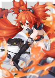 1girl absurdres ahoge animal_ears bare_shoulders bear_ears black_gloves breasts crop_top eyepatch fake_animal_ears fingerless_gloves fire gloves hair_between_eyes highres holding koleda_belobog long_hair looking_at_viewer midriff nakiusagi navel pants red_eyes red_hair shirt solo teeth twintails zenless_zone_zero