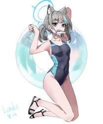 Rule 34 | 1girl, absurdres, animal ear fluff, animal ears, artist name, black one-piece swimsuit, blue archive, blue eyes, breasts, commentary, competition swimsuit, covered navel, cross hair ornament, extra ears, full body, grey hair, hair ornament, halo, highres, innertube, lonki, low ponytail, medium hair, mismatched pupils, mouth hold, multicolored clothes, multicolored swimsuit, official alternate costume, one-piece swimsuit, sacabambaspis, sandals, shiroko (blue archive), shiroko (swimsuit) (blue archive), small breasts, solo, swim ring, swimsuit, toeless footwear, white background, wolf ears