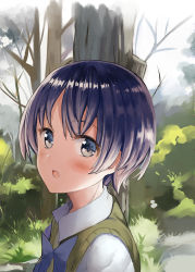 Rule 34 | 1girl, :o, blue bow, blue eyes, blue hair, blush, bow, collared shirt, commentary request, hair between eyes, highres, looking at viewer, looking to the side, mizuta kenji, original, outdoors, parted lips, school uniform, shirt, short hair, solo, sweater vest, tree, white shirt
