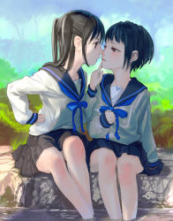 Rule 34 | 2girls, eechi, eye contact, face-to-face, hand on another&#039;s chin, hand on own hip, hip focus, imminent kiss, kiss, looking at another, multiple girls, neo black, original, school uniform, serafuku, sitting, skirt, soaking feet, twintails, uni (plastic girl), water, wet, yuri