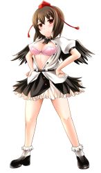 Rule 34 | 1girl, absurdres, bad id, bad nicoseiga id, black hair, black wings, blush, bra, breasts, female focus, hands on own hips, hat, highres, looking at viewer, open clothes, open shirt, pink bra, red eyes, shameimaru aya, shirt, short hair, skirt, smile, solo, standing, tokin hat, touhou, underwear, wings, yoshimo