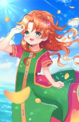 Rule 34 | 1girl, blush, cloud, curly hair, dragon quest, dragon quest vii, dress, green eyes, highres, long hair, looking at viewer, maribel (dq7), open mouth, smile, solo, sparkle, water