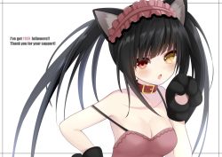 Rule 34 | 1girl, :o, animal ears, animal hands, bare shoulders, black hair, blush, breasts, cat ears, cat paw, cleavage, closed eyes, collar, collarbone, date a live, english text, gloves, hairband, hand up, heterochromia, lolita hairband, long hair, looking at viewer, medium breasts, paw gloves, paw pose, red eyes, shiratoriko, simple background, solo, strap slip, tokisaki kurumi, twintails, upper body, white background, yellow eyes