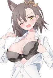 Rule 34 | 1girl, absurdres, animal ears, arknights, black bra, bra, breasts, brown hair, buttons, collared shirt, extra ears, fanning self, hair between eyes, highres, large breasts, looking at viewer, mole, mole above mouth, one eye closed, open clothes, open mouth, open shirt, penance (arknights), shirt, simple background, solo, sweat, underwear, upper body, white background, white shirt, wolf ears, wolf girl, yellow eyes, yuuko (oruta)