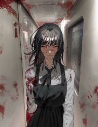 Rule 34 | 1girl, absurdres, black hair, blood, blood on clothes, blood on face, chainsaw man, collared shirt, cross scar, dress, facial scar, feet out of frame, hanny (uirusu chan), highres, indoors, long hair, looking at viewer, neck ribbon, pinafore dress, red eyes, ribbon, ringed eyes, scar, scar on cheek, scar on face, school uniform, shirt, sleeveless, sleeveless dress, smile, solo, standing, train interior, white shirt, window, yoru (chainsaw man)