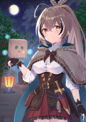 Rule 34 | 1girl, ahoge, belt, belt pouch, bow, breasts, brown belt, brown bow, brown cloak, brown corset, brown eyes, brown gloves, brown hair, check commentary, cleavage, cloak, cloud, commentary, commentary request, corset, dagger, friend (nanashi mumei), frilled skirt, frills, fue (lars0713), gloves, hair ornament, hairclip, hieroglyphics, highres, holding, holding lantern, hololive, hololive english, hood, hooded cloak, knife, lantern, long hair, medium breasts, moon, multicolored hair, nanashi mumei, night, partially fingerless gloves, ponytail, pouch, puffy sleeves, red skirt, runes, sheath, sheathed, shirt, signature, skirt, standing, streaked hair, tree, very long hair, virtual youtuber, weapon, white shirt