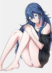 Rule 34 | 1girl, alternate costume, ameno (a meno0), bare shoulders, barefoot, black shirt, blue eyes, blue hair, blush, collarbone, fire emblem, fire emblem awakening, grey background, grin, hair between eyes, long hair, looking at viewer, lucina (fire emblem), nintendo, off shoulder, oversized clothes, oversized shirt, panties, shirt, simple background, sitting, smile, solo, toes, underwear, white panties