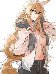 Rule 34 | 1girl, animal ear fluff, animal ears, arknights, blonde hair, breasts, bright pupils, collared shirt, cowboy shot, hair between eyes, horse ears, horse girl, horse tail, large breasts, long hair, long sleeves, navel, nearl (arknights), no bra, open clothes, open shirt, parted lips, rekka, shirt, simple background, solo, sweat, tail, towel, towel around neck, very long hair, wet, white background, white shirt, wiping sweat, yellow eyes