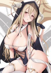 Rule 34 | 1girl, absurdres, azur lane, bare shoulders, black gloves, blonde hair, breast cutout, breasts, covered navel, detached sleeves, gloves, habit, highres, horns, implacable (azur lane), kana (wucz8478), large breasts, long bangs, long hair, nun, orange eyes, parted lips, solo, thighhighs, very long hair, white horns, white thighhighs