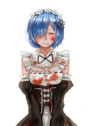 Rule 34 | 10s, 1girl, blood, blood from mouth, blood on face, blood on clothes, blue hair, blush, breasts, cleavage, crying, detached collar, detached sleeves, dress, closed eyes, hair ornament, hair over one eye, highres, maid, maid headdress, re:zero kara hajimeru isekai seikatsu, rem (re:zero), ribbon-trimmed clothes, ribbon-trimmed sleeves, ribbon trim, short hair, simple background, small breasts, smile, solo, tears, underbust, upper body, wenhe, white background, x hair ornament