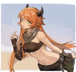 Rule 34 | 1girl, :d, arknights, bandeau, belt, braid, breasts, brown bandeau, commentary, croissant (arknights), croissant (seeker) (arknights), fang, female focus, grey eyes, grey scarf, hand up, highres, horns, huomiaopp, leaning forward, long hair, looking at viewer, medium breasts, midriff, navel, official alternate costume, open mouth, orange hair, scarf, single braid, smile, solo, stomach, strapless, symbol-only commentary, tube top, upper body, very long hair