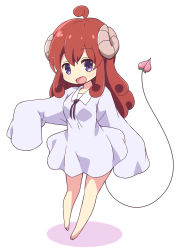 Rule 34 | 1girl, ahoge, brown hair, demon girl, demon horns, demon tail, dress, highres, horns, lilith (machikado mazoku), long hair, machikado mazoku, mel (melty pot), open mouth, simple background, sleeves past wrists, solo, tail, white background