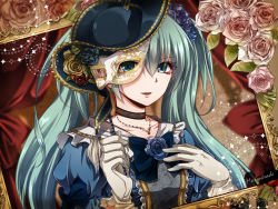Rule 34 | 1girl, aqua eyes, aqua hair, choker, flower, formal, gloves, hand on own chest, hat, hatsune miku, jewelry, looking at viewer, mask, necklace, rose, solo, tsujiori, twintails, vocaloid