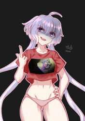 Rule 34 | 1girl, 2024, absurdres, ahoge, anime screenshot, artist logo, axia-chan, black background, grey hair, hand on own hip, highres, long hair, middle finger, navel, open mouth, panties, pink panties, purple eyes, quad tails, senki zesshou symphogear, shaded face, sidelocks, solo, teeth, twintails, underwear, upper teeth only, very long hair, yukine chris