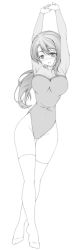 Rule 34 | 1girl, arms up, blush, breasts, commentary request, full body, gluteal fold, greyscale, highres, kikuchi tsutomu, large breasts, leotard, long hair, long sleeves, looking at viewer, monochrome, open mouth, original, own hands together, smile, solo, standing, thigh gap, thighhighs