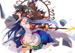 Rule 34 | 1girl, arm up, bird, black footwear, black headwear, blouse, blue hair, blue skirt, boots, bow, breasts, brown gloves, commentary request, cowboy shot, fang, food, fruit, gloves, green bow, hair between eyes, hair bow, hinanawi tenshi, holding, holding lance, holding polearm, holding weapon, knee up, lance, leaf, long hair, looking to the side, medium breasts, one eye closed, open mouth, peach, petticoat, polearm, puffy short sleeves, puffy sleeves, red eyes, red neckwear, reiuji utsuho, reiuji utsuho (bird), rock, shirt, short sleeves, signature, simple background, skin fang, skirt, smile, solo, statue, tetsurou (fe+), thighs, touhou, very long hair, weapon, white background, white shirt, wing collar