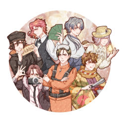 Rule 34 | 6+boys, absurdres, ahoge, animal ears, ascot, bad id, bad pixiv id, black coat, black neckwear, brown eyes, brown hair, camera, character request, closed eyes, coat, code:realize, copyright request, creator connection, crossed arms, diabolik lovers, formal, gloves, goggles, goggles on head, green eyes, grey eyes, grey hair, hair between eyes, hat, hedgehog, highres, hirakawa daisuke, japanese clothes, jojo no kimyou na bouken, kakyoin noriaki, licking lips, long hair, long sleeves, looking at viewer, male focus, mio rin, multiple boys, necktie, pink hair, ponytail, saint germain (code:realize), sakami raito, simple background, stardust crusaders, straw hat, tongs, tongue, tongue out, vest, voice actor connection, white vest
