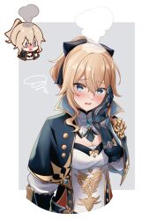Rule 34 | 1girl, black bow, blue capelet, blue eyes, blush, bow, breasts, capelet, character sheet, collared capelet, commentary request, detached collar, embarrassed, gauntlets, genshin impact, hair between eyes, hair bow, hand on own cheek, hand on own face, head steam, highres, jean (genshin impact), long hair, looking at viewer, medium breasts, mon-chan, ponytail, shirt, simple background, solo, swirl, upper body, white shirt