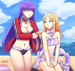 Rule 34 | 2girls, abigail williams (fate), abigail williams (swimsuit foreigner) (fate), azzypics, beach, black one-piece swimsuit, blonde hair, blue eyes, blue sky, braiding hair, choker, cross, cross necklace, fate/grand order, fate (series), hairdressing, highres, jacket, jewelry, long hair, martha (fate), martha (swimsuit ruler) (fate), multiple girls, necklace, ocean, one-piece swimsuit, purple hair, red jacket, rock, sitting, sitting on rock, sky, sports jacket, standing, swimsuit, swimsuit under clothes, very long hair, white one-piece swimsuit