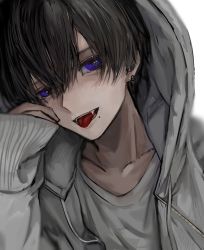 Rule 34 | 1boy, bad id, bad pixiv id, black hair, commentary, ear piercing, fangs, hair between eyes, highres, hood, hood up, hooded jacket, hzk (user kemd2843), jacket, jewelry, long sleeves, looking at viewer, male focus, mole, mole under mouth, original, piercing, purple eyes, shirt, simple background, solo, symbol-only commentary, tongue, tongue out, upper body, white jacket, white shirt