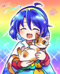 Rule 34 | 1girl, ahoge, animal, blue hair, blush, cat, cloak, dress, goutokuji mike, goutokuji mike (cat), hair between eyes, hairband, heart, long sleeves, multicolored clothes, multicolored dress, multicolored hairband, open mouth, patchwork clothes, pote (ptkan), rainbow gradient, short hair, sky print, smile, solo, sparkle, tenkyuu chimata, touhou, upper body, white cloak