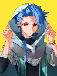 Rule 34 | 1boy, adjusting hood, asymmetrical bangs, blue hair, bodysuit, bodysuit under clothes, bracelet, braid, braided ponytail, capelet, child, cu chulainn (fate), earrings, fate/grand order, fate (series), highres, hood, hood up, hooded capelet, jewelry, long hair, looking at viewer, male focus, red eyes, setanta (fate), simple background, solo, upper body, wagaya43, yellow background