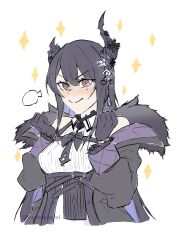 Rule 34 | 1girl, absurdres, akazuki r, asymmetrical horns, belt, black belt, black bow, black bowtie, black hair, black horns, black jacket, blue hair, blush, borrowed clothes, bow, bowtie, clenched hand, collared shirt, colored inner hair, commentary, cropped torso, dress shirt, english commentary, fur-trimmed jacket, fur trim, hair ornament, highres, hololive, hololive english, horn flower, horns, jacket, long hair, long sleeves, looking at viewer, mole, mole under eye, multicolored hair, nerissa ravencroft, nerissa ravencroft (1st costume), shirt, sidelocks, solo, swept bangs, tassel, tassel hair ornament, twitter username, underbust, uneven horns, upper body, v-shaped eyebrows, virtual youtuber