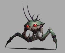 Rule 34 | absurdres, antennae, bug, full body, glowing, glowing eyes, grey background, grub grub, highres, hoarding bug (lethal company), holding, lethal company, no humans, red eyes, screw, shadow, simple background, solo, standing