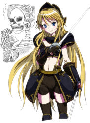 Rule 34 | 1girl, armor, armored skirt, bikini armor, black shorts, black thighhighs, blonde hair, blue eyes, blush, brown gloves, closed mouth, commentary request, feet out of frame, gauntlets, gloves, hair between eyes, holding, holding sword, holding weapon, humanization, khalitzburg (ragnarok online), long hair, looking at viewer, midriff, navel, pauldrons, pointy ears, poleyn, ragnarok online, rapier, shorts, shoulder armor, simple background, skeleton, smile, solo, sword, thighhighs, very long hair, weapon, white background, wrwr
