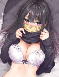 Rule 34 | 1girl, animal print, bear print, bed sheet, black hair, black sweater, blush, bra, breasts, cleavage, clothes lift, commentary request, covered mouth, from above, highres, large breasts, lifting own clothes, long hair, long sleeves, looking at viewer, looking up, lying, on back, on bed, original, pillow, purple eyes, solo, sweater, sweater lift, underwear, white bra, wing (aiastor)