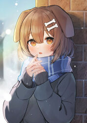 Rule 34 | 1girl, absurdres, against wall, akuto (akuto desu), animal ears, black coat, black sweater, blue scarf, blurry, blurry background, blush, bone hair ornament, brick wall, brown eyes, brown hair, cartoon bone, coat, commentary, day, dog ears, dog girl, hair between eyes, hair ornament, hands up, highres, hololive, inugami korone, long hair, looking at viewer, open mouth, outdoors, own hands together, plaid, plaid scarf, ribbed sweater, scarf, snowing, solo, sunlight, sweater, upper body, virtual youtuber, winter clothes