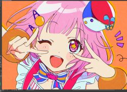 Rule 34 | + +, 1girl, blunt bangs, blush, candy, commentary, double v, food, hair ornament, hairclip, jelly bean, looking at viewer, official alternate costume, one eye closed, ootori emu, open mouth, orange background, pink eyes, pink hair, pop in my heart!! (project sekai), project sekai, red headwear, short hair, smile, symbol-only commentary, taro14 tea, v