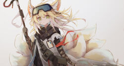 Rule 34 | 1girl, animal ear fluff, animal ears, arknights, black scarf, black shirt, blonde hair, commentary, dirty, dirty face, empty eyes, fox ears, fox girl, fox tail, from behind, goggles, goggles on head, green eyes, grey tunic, highres, holding, holding staff, id card, kitsune, looking at viewer, medium hair, messy hair, multiple tails, nalphanne, official alternate costume, scarf, shirt, sidelocks, simple background, solo, staff, suzuran (arknights), suzuran (lostlands flowering) (arknights), tail, tunic, upper body, white background