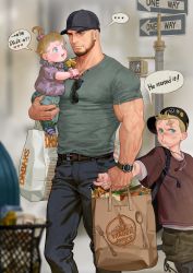 Rule 34 | 1girl, 2boys, absurdres, arm grab, baby, backwards hat, bag, bandaid, bandaid on face, beard, biceps, blonde hair, blue eyes, blurry, blurry background, blush, bruise, bruise on face, child, collar, denim, eyewear hang, unworn eyewear, facial hair, grabbing, hat, highres, injury, jeans, jewelry, leather, leather belt, looking at another, multiple boys, muscular, muscular male, necklace, open mouth, original, outdoors, pants, pectorals, ponytail, road, road sign, saolin (wudangx), shirt, short hair, sign, socks, speech bubble, street, sunglasses, t-shirt, thick arms, thick eyebrows, tongue, trash can, veins, veiny arms, watch
