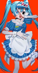Rule 34 | 1girl, 2funma2, apron, back bow, black choker, blue dress, blue eyes, blue hair, blush, bow, choker, collared dress, colored eyelashes, dress, frills, hat, hat bow, hatsune miku, highres, leg up, long hair, looking at viewer, mesmerizer (vocaloid), name tag, open mouth, puffy short sleeves, puffy sleeves, red background, red footwear, roller skates, short sleeves, single empty eye, skates, smile, socks, sparkling eyes, striped bow, striped clothes, striped dress, striped headwear, twintails, vertical-striped clothes, vertical-striped dress, vertical-striped headwear, very long hair, visor cap, vocaloid, waist apron, waitress, white apron, white socks, wrist cuffs