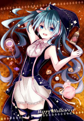 Rule 34 | 1girl, aqua hair, arms up, blue eyes, blue hair, candy, halloween, hat, hatsune miku, long hair, matching hair/eyes, open mouth, skirt, solo, tasasan, thighhighs, twintails, very long hair, vocaloid, witch hat