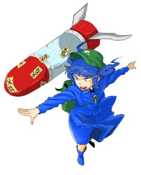 Rule 34 | 1girl, backpack, bad id, bad pixiv id, bag, blue eyes, blue hair, boots, clothes lift, dress, from above, hair bobbles, hair ornament, hat, iroiro yaru hito, kawashiro nitori, key, long sleeves, matching hair/eyes, open mouth, outstretched arms, rocket, rubber boots, serious, shirt, short hair, short twintails, skirt, skirt lift, skirt set, solo, spread arms, touhou, twintails, two side up