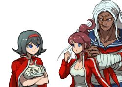 Rule 34 | 3girls, asahina aoi, bandages, black eyes, black hair, blue eyes, blue sailor collar, blue skirt, breasts, brown hair, character request, cleavage, closed mouth, crossed arms, danganronpa: trigger happy havoc, danganronpa (series), hair ornament, hairband, jacket, jacket on shoulders, multiple girls, muscular, muscular female, ogami sakura, open mouth, pleated skirt, ponytail, red hairband, red jacket, sailor collar, scar, scar on arm, scar on face, school uniform, serafuku, simple background, skirt, smile, tank top, track jacket, white background, white hair, white tank top, youko-shima