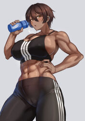 Rule 34 | 1girl, :o, abs, absurdres, bare arms, bare shoulders, black pants, black sports bra, blush, bottle, breasts, breath, brown hair, cleavage, covered erect nipples, dark-skinned female, dark skin, earrings, hair between eyes, hand on own hip, highres, holding, holding bottle, jewelry, large breasts, looking at viewer, medium support (meme), meme, muscular, muscular female, navel, original, pants, shirt, short hair, sideboob, solo, sports bra, stomach, striped clothes, striped pants, striped shirt, stud earrings, sweat, tight clothes, tight pants, toin (iitoin), triple vertical stripe, vertical-striped clothes, vertical-striped pants, vertical-striped shirt, water bottle, yellow eyes