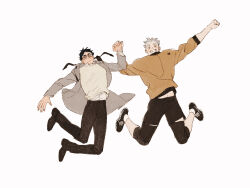 Rule 34 | 2boys, akaashi keiji, arm up, arms up, black footwear, black hair, black pants, black shorts, blue eyes, bokuto koutarou, brown eyes, brown jacket, brown sweater, chengongzi123, closed mouth, coat, collared coat, commentary, full body, glasses, grey coat, grey hair, grin, haikyuu!!, hand grab, hand up, highres, jacket, jumping, long sleeves, looking at viewer, male focus, midriff peek, multiple boys, pants, shoes, short hair, shorts, simple background, smile, sneakers, sweater, symbol-only commentary, thick eyebrows, very short hair, white background