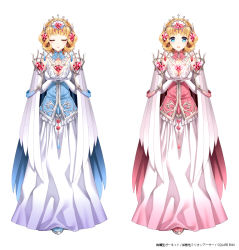Rule 34 | 1girl, blonde hair, blue eyes, breasts, cape, cleavage, closed eyes, crown, dress, full body, garnet (million arthur), gloves, glowing, hair ornament, jewelry, kaku-san-sei million arthur, lots of jewelry, million arthur (series), nardack, open mouth, short hair, simple background, smile, white background, white gloves