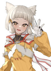Rule 34 | 1girl, animal ears, blunt bangs, bodysuit, breasts, cat ears, facial mark, flat chest, gloves, grey hair, mia cbx, nia (xenoblade), short hair, simple background, small breasts, solo, white background, white gloves, xenoblade chronicles (series), xenoblade chronicles 2, yellow bodysuit, yellow eyes